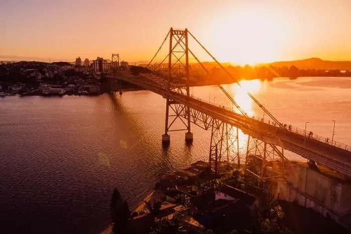 Framed Print : Hercilio luz cable bridge with sunset in Florianopolis, Brazil. Aerial view Framed Print : Hercilio luz cable bridge with sunset in Florianopolis, Brazil. Aerial view