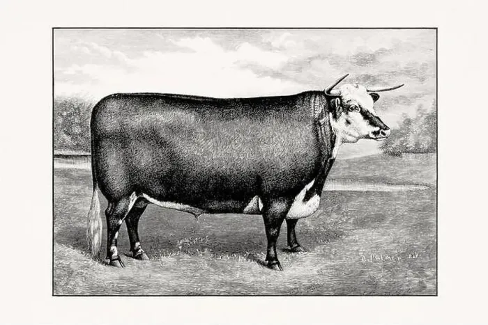Framed Print : Hereford Cattle. Antique cattle illustration of a bull from an 1887 livestock book