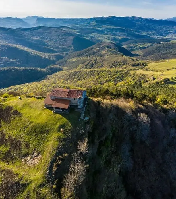 Framed Print : Hermitage in Kolitza mount in Balmaseda, Basque Country, Spain - aerial drone Framed Print : Hermitage in Kolitza mount in Balmaseda, Basque Country, Spain - aerial drone