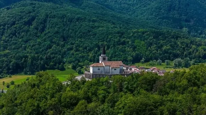 Framed Print : High-Altitude Drone View of The Italian Charnel House in Kobarid, Slovenia Framed Print : High-Altitude Drone View of The Italian Charnel House in Kobarid, Slovenia