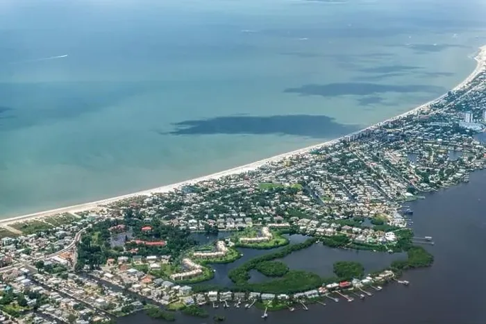Framed Print : High angle aerial view of Ft Myers beach landscape near Sanibel Island in southwest in Florida Saharan with beautiful