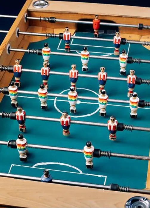 Framed Print : High angle of detail of retro table soccer with wooden miniature figurines of players on metal bars Framed Print : High angle of detail of retro table soccer with wooden miniature figurines of players on metal bars