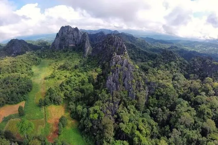 Framed Print : High-angle shot from a drone Beautiful limestone mountain Tourist Attractions in Loei Province Framed Print : High-angle shot from a drone Beautiful limestone mountain Tourist Attractions in Loei Province
