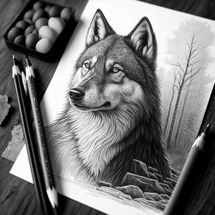 Framed Print : A high-angle shot of a wolf drawing in black and white with a pen on white paper Framed Print : A high-angle shot of a wolf drawing in black and white with a pen on white paper