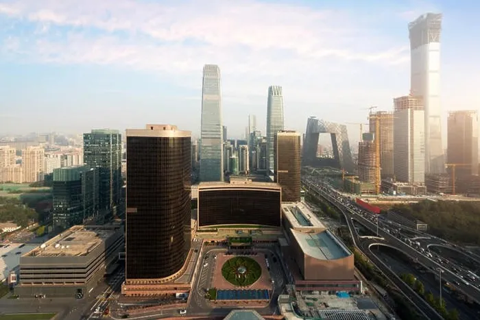 Framed Print : High angle view of Beijing Central Business District skyscrapers building at sunset in Beijing, China
