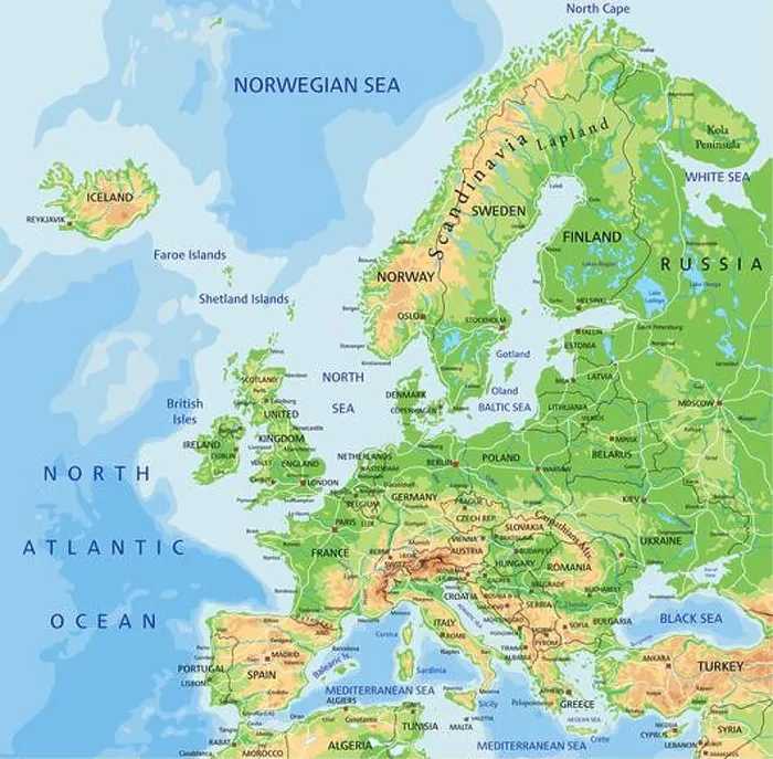 Framed Print : High detailed Europe physical map with labeling Framed Print : High detailed Europe physical map with labeling