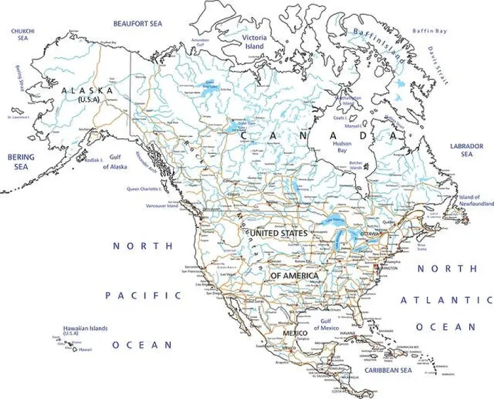 Framed Print : High detailed North America road map with labeling