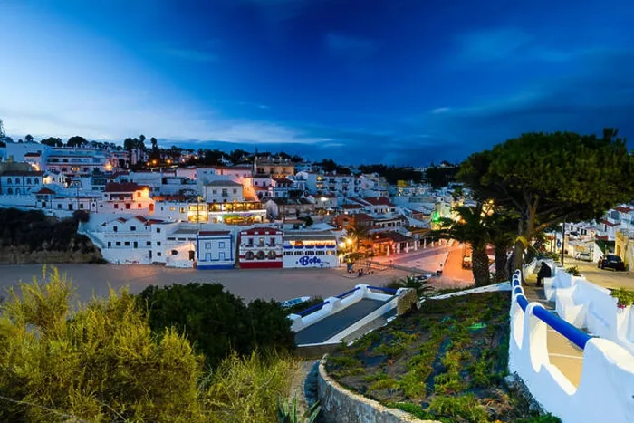 Framed Print : High level view of coastal town at dusk, Carvoeiro, Algarve, Portugal, Europe Framed Print : High level view of coastal town at dusk, Carvoeiro, Algarve, Portugal, Europe
