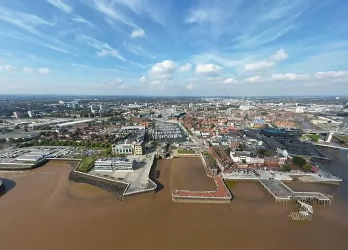 Framed Print : High resolution drone view of Hull, UK waterside marina area Framed Print : High resolution drone view of Hull, UK waterside marina area