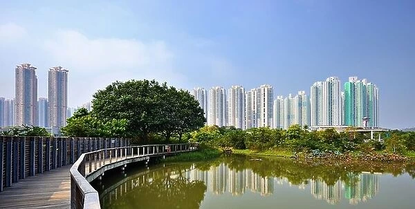 High rise apartments above Wetland Park in Hong Kong, China