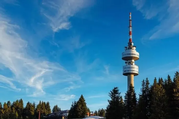 Framed Print : The high tourist observation tower Snezhana on the mountain peak of Snezhana covered with evergreen spruce dense Framed Print : The high tourist observation tower Snezhana on the mountain peak of Snezhana covered with evergreen spruce dense