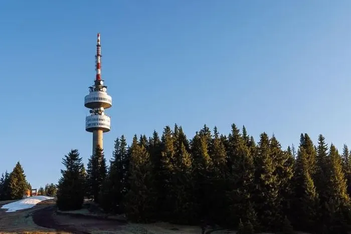 Framed Print : The high tourist observation tower Snezhana on the mountain peak of Snezhana covered with evergreen spruce dense Framed Print : The high tourist observation tower Snezhana on the mountain peak of Snezhana covered with evergreen spruce dense