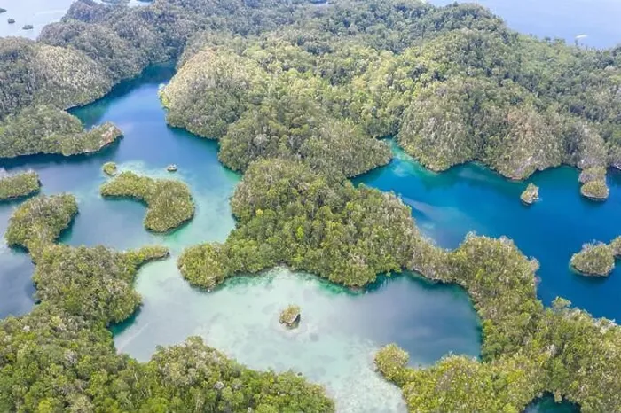 Framed Print : Highly eroded limestone islands and coral reefs lie amid the waters of Raja Ampat, Indonesia. This region is a popular destination for scuba divers Framed Print : Highly eroded limestone islands and coral reefs lie amid the waters of Raja Ampat, Indonesia. This region is a popular destination for scuba divers