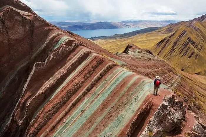 Framed Print : Hiker in Pallay Poncho, alternative Rainbow mountains Framed Print : Hiker in Pallay Poncho, alternative Rainbow mountains