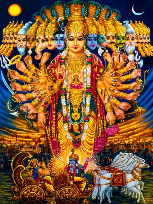 Framed Print : Hindu Gods Krishna Arjuna and Chariot Vishnu and Other Indian Gods Vishvarupa Framed Print : Hindu Gods Krishna Arjuna and Chariot Vishnu and Other Indian Gods Vishvarupa