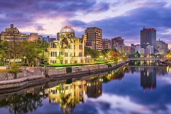 Hiroshima, Japan city skyline at dusk with the Atomic dome