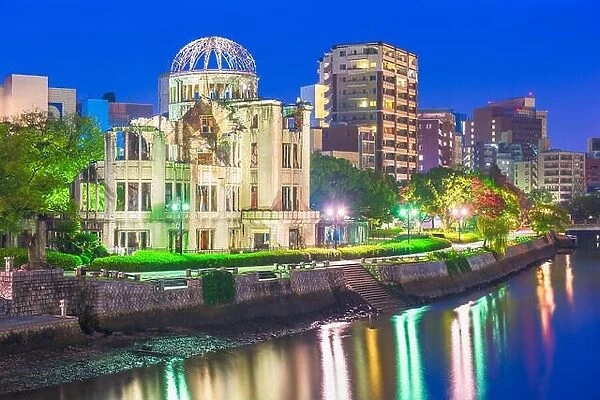 Hiroshima, Japan skyline and Atomic Dome at twilight on the river