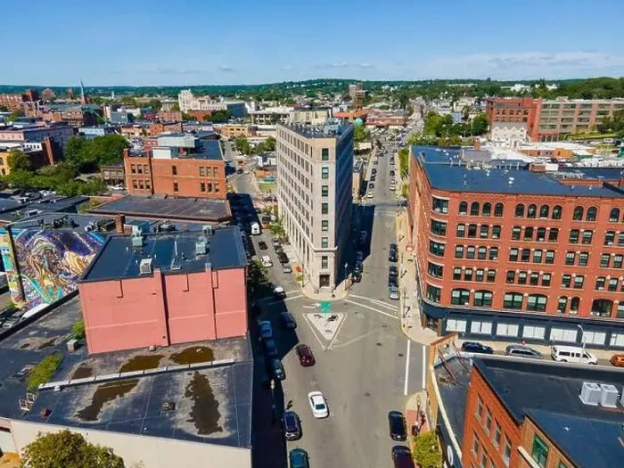 Framed Print : Historic flatiron building aerial view at Willow Street and Central Street in historic downtown Lynn Framed Print : Historic flatiron building aerial view at Willow Street and Central Street in historic downtown Lynn