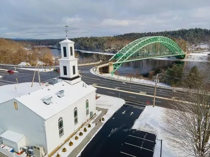 Framed Print : Historic Meeting House and Tyngsboro Bridge on Merrimack River aerial view in winter in town of Tyngsborough Framed Print : Historic Meeting House and Tyngsboro Bridge on Merrimack River aerial view in winter in town of Tyngsborough