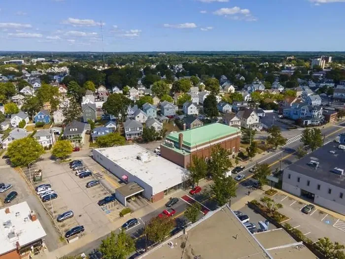 Framed Print : Historic Residence buildings and commercial buildings on Taunton Avenue at city center aerial view in East Providence