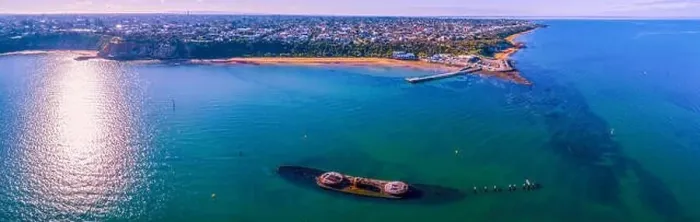 Framed Print : Historic shipwreck near Black Rock coastline in Melbourne, Australia - wide aerial panorama Framed Print : Historic shipwreck near Black Rock coastline in Melbourne, Australia - wide aerial panorama