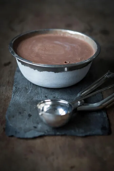 Framed Print : Home made chocolate ice cream in steel bowl on slate board on wooden table Framed Print : Home made chocolate ice cream in steel bowl on slate board on wooden table