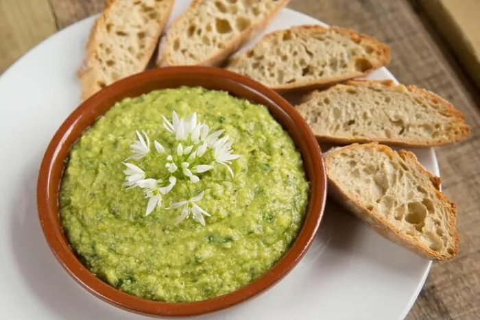 Framed Print : Homemade hummus that has been made with wild garlic leaves Framed Print : Homemade hummus that has been made with wild garlic leaves