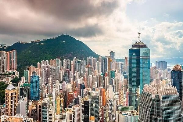 Hong Kong, China aerial view of the cityscape at Victoria Harbor