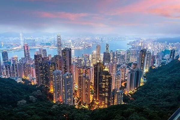 Hong Kong, China city skyline from Victoria Peak at dusk