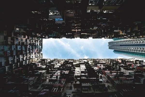Hong Kong city residences area. Low angle view image of a crowded residential building in community in Quarry Bay, Hong Kong. Asian tourism, modern ci