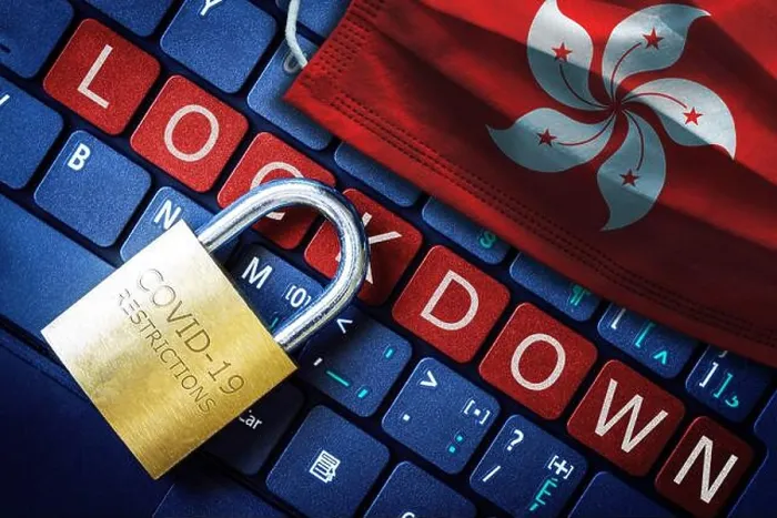 Framed Print : Hong Kong COVID-19 coronavirus lockdown restrictions concept illustrated by padlock on laptop red alert keyboard Framed Print : Hong Kong COVID-19 coronavirus lockdown restrictions concept illustrated by padlock on laptop red alert keyboard