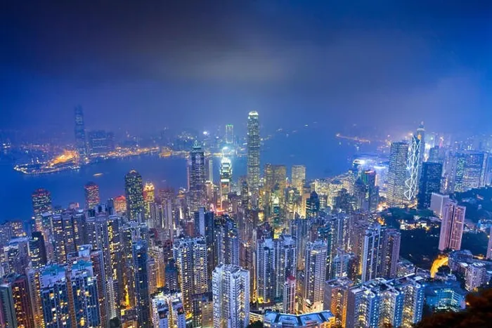 Framed Print : Hong Kong. Image of Hong Kong with many skyscrapers during twilight blue hour Framed Print : Hong Kong. Image of Hong Kong with many skyscrapers during twilight blue hour