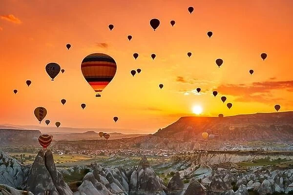 Hot air balloons at sunrise, Goreme, Cappadocia, Turkey