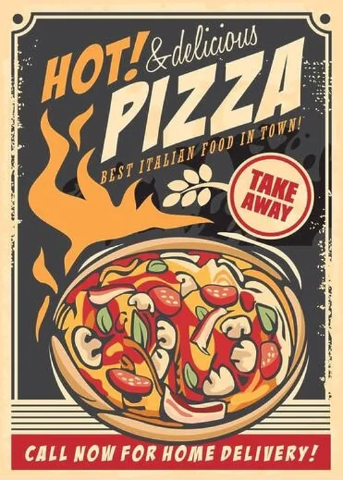 Framed Print : Hot pizza delicious Italian food retro ad template. Poster design with tasty pizza and various ingredients on fire. Vintage vector pizzeria sign on ol Framed Print : Hot pizza delicious Italian food retro ad template. Poster design with tasty pizza and various ingredients on fire. Vintage vector pizzeria sign on ol