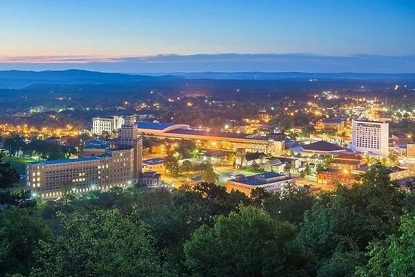 Hot Springs, Arkansas, USA town skyline from above at dawn