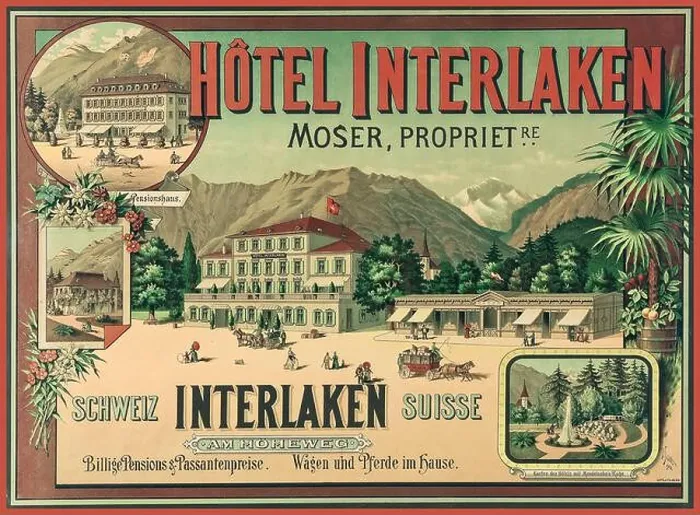 Framed Print : HOTEL INTERLAKEN Vintage Historic Advertising Poster 1890s SUISSE SCHWEIZ SWITZERLAND Bild vom Hotel Interlaken Framed Print : HOTEL INTERLAKEN Vintage Historic Advertising Poster 1890s SUISSE SCHWEIZ SWITZERLAND Bild vom Hotel Interlaken