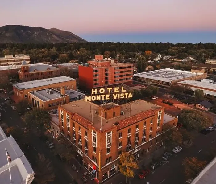 Framed Print : Hotel Monte Vista in historic downtown Flagstaff, drone shot Framed Print : Hotel Monte Vista in historic downtown Flagstaff, drone shot
