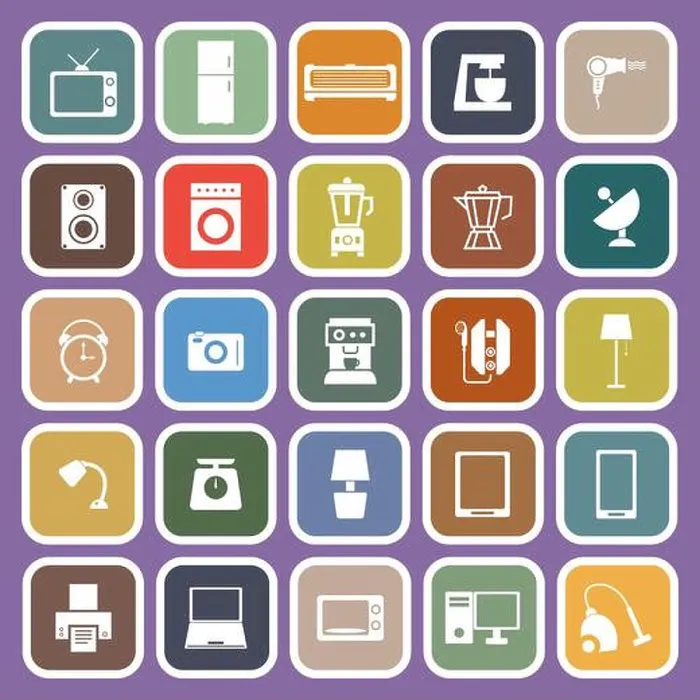 Framed Print : Household flat icons on purple background, stock vector