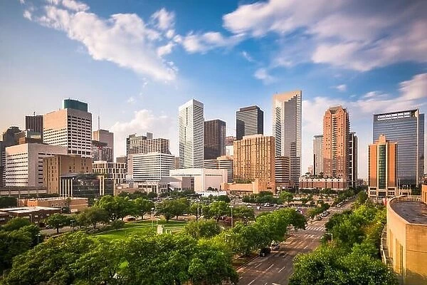 Houston, Texas, USA downtown city park and skyline
