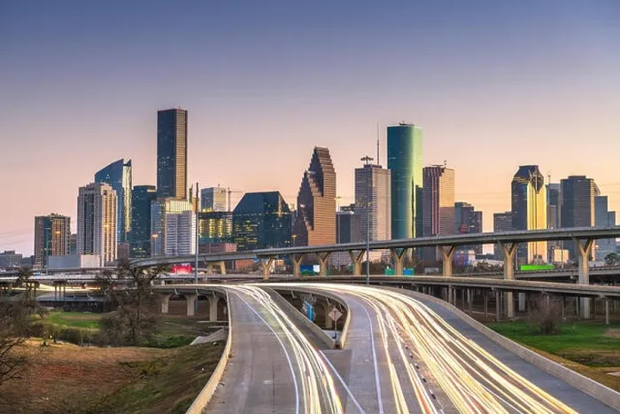 Framed Print : Houston, Texas, USA downtown city skyline and highway at dusk