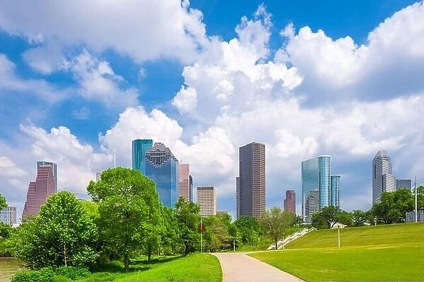 Houston, Texas, USA downtown city skyline and park in the afternoon