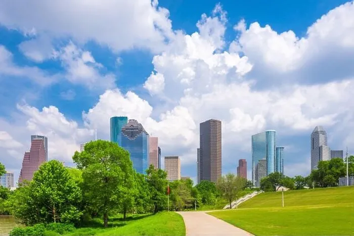 Framed Print : Houston, Texas, USA downtown city skyline and park in the afternoon