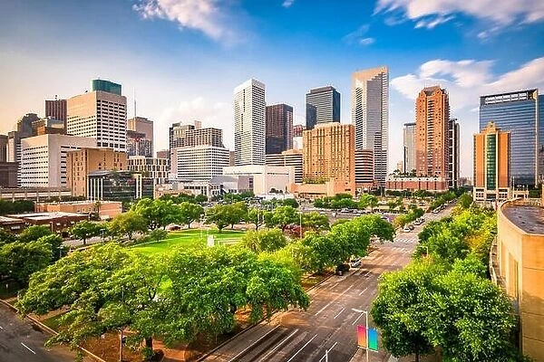 Houston, Texas, USA downtown city skyline over Root Square