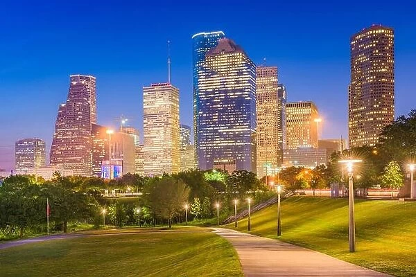 Houston, Texas, USA skyline and park at dusk