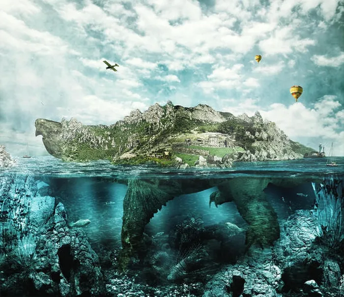 Framed Print : Huge turtle in ocean overgrown forests and mountains to the village and the castle in the shell floats like an island Framed Print : Huge turtle in ocean overgrown forests and mountains to the village and the castle in the shell floats like an island