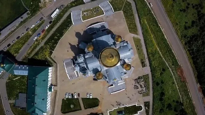 Framed Print : Huge white church. Drone view. Clip Framed Print : Huge white church. Drone view. Clip