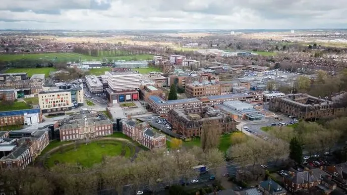 Framed Print : Hull University campus ariel drone view with buildings and city landscape