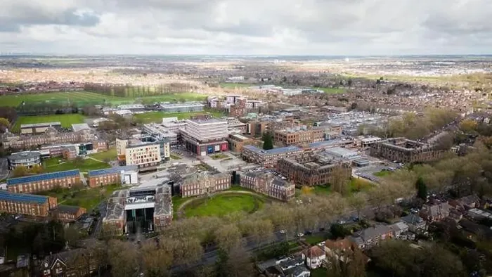 Framed Print : Hull University campus ariel drone view with buildings and city landscape Framed Print : Hull University campus ariel drone view with buildings and city landscape