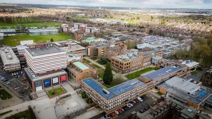 Framed Print : Hull University campus ariel drone view with buildings and city landscape Framed Print : Hull University campus ariel drone view with buildings and city landscape