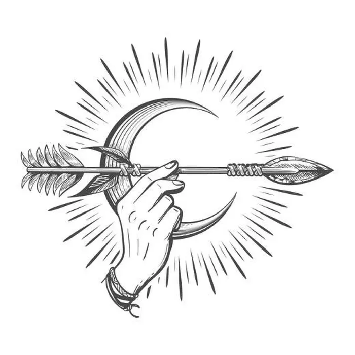 Framed Print : Human Hand Holds Indian Arrow Against Crescent Moon. Mystical Symbol. Vector tattoo Framed Print : Human Hand Holds Indian Arrow Against Crescent Moon. Mystical Symbol. Vector tattoo